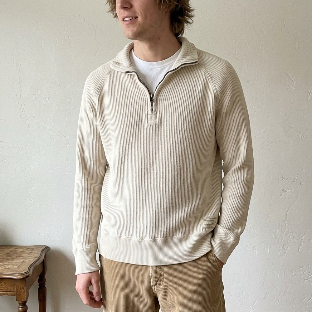 Vintage 90s Polo Jeans Co Mens Sweater Medium Cream Ribbed Quarter Zip Mock Neck